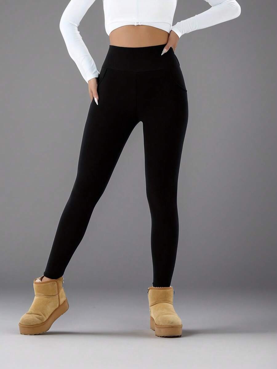 Isolde High Waist Brushed Thermal Leggings with Pockets - Black