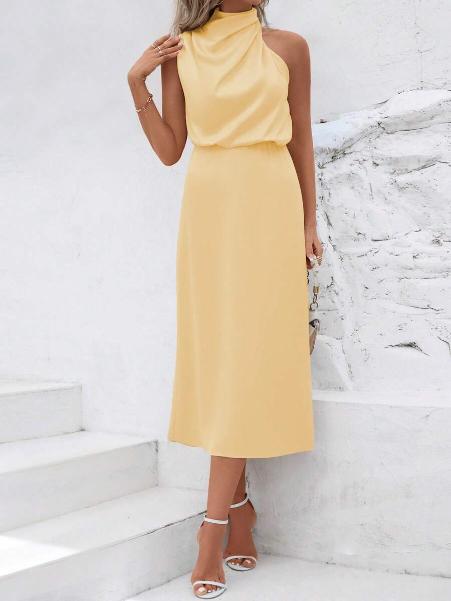Women's Satin Cowl Neck Halter Midi Dress, Lined Silky Dress for Wedding Guest and Evening - Black