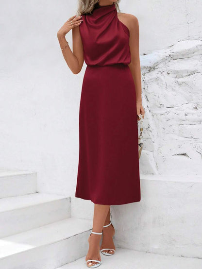 Women's Satin Cowl Neck Halter Midi Dress, Lined Silky Dress for Wedding Guest and Evening - Black