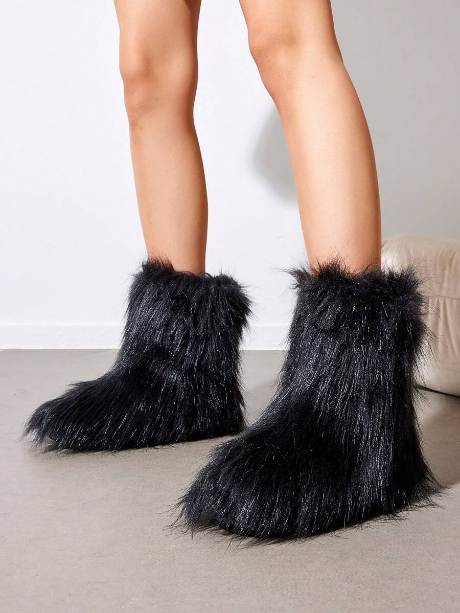 Women Winter Boots Fluffy Flat Snow Boots Slip-On Furry Boots Ladies Shoes Go With Dress Great For Festival And Party Occasion Mid-Calf Boots Mensa