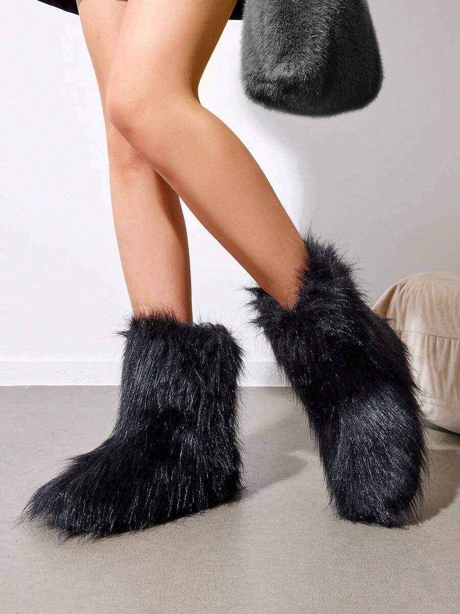 Women Winter Boots Fluffy Flat Snow Boots Slip-On Furry Boots Ladies Shoes Go With Dress Great For Festival And Party Occasion Mid-Calf Boots Mensa