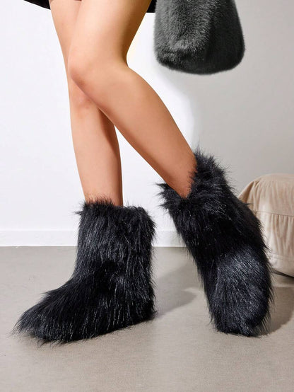 Women Winter Boots Fluffy Flat Snow Boots Slip-On Furry Boots Ladies Shoes Go With Dress Great For Festival And Party Occasion Mid-Calf Boots Mensa