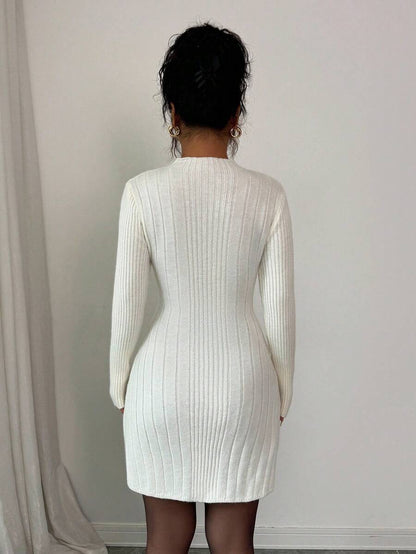 Carys Ribbed Sweater Dress with Mock Neck and Long Sleeves - Ivory