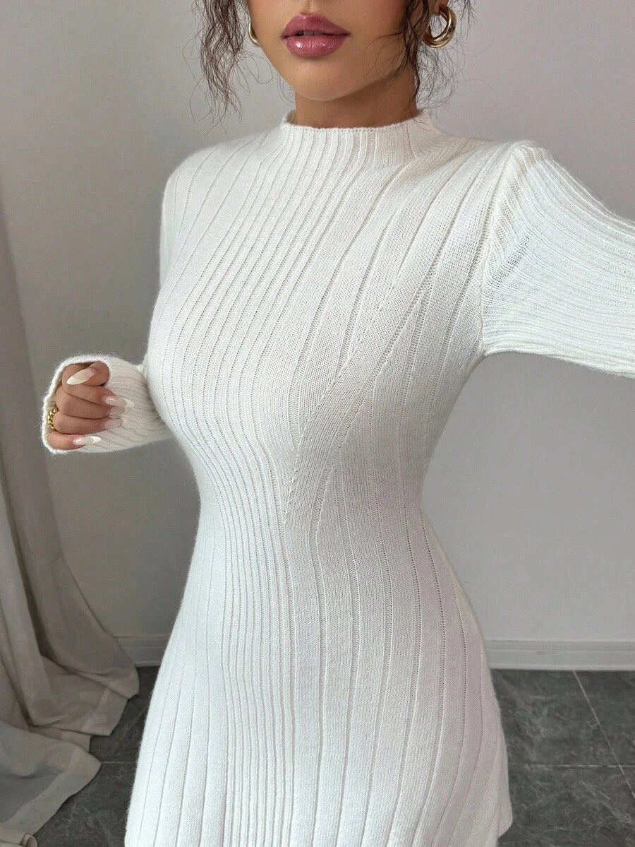 Carys Ribbed Sweater Dress with Mock Neck and Long Sleeves - Ivory