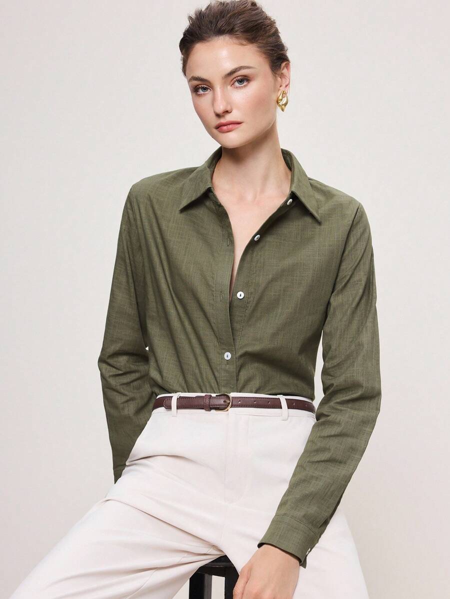 Arabella Classic Collared Button Down Long Sleeve Cotton Shirt - Army Green