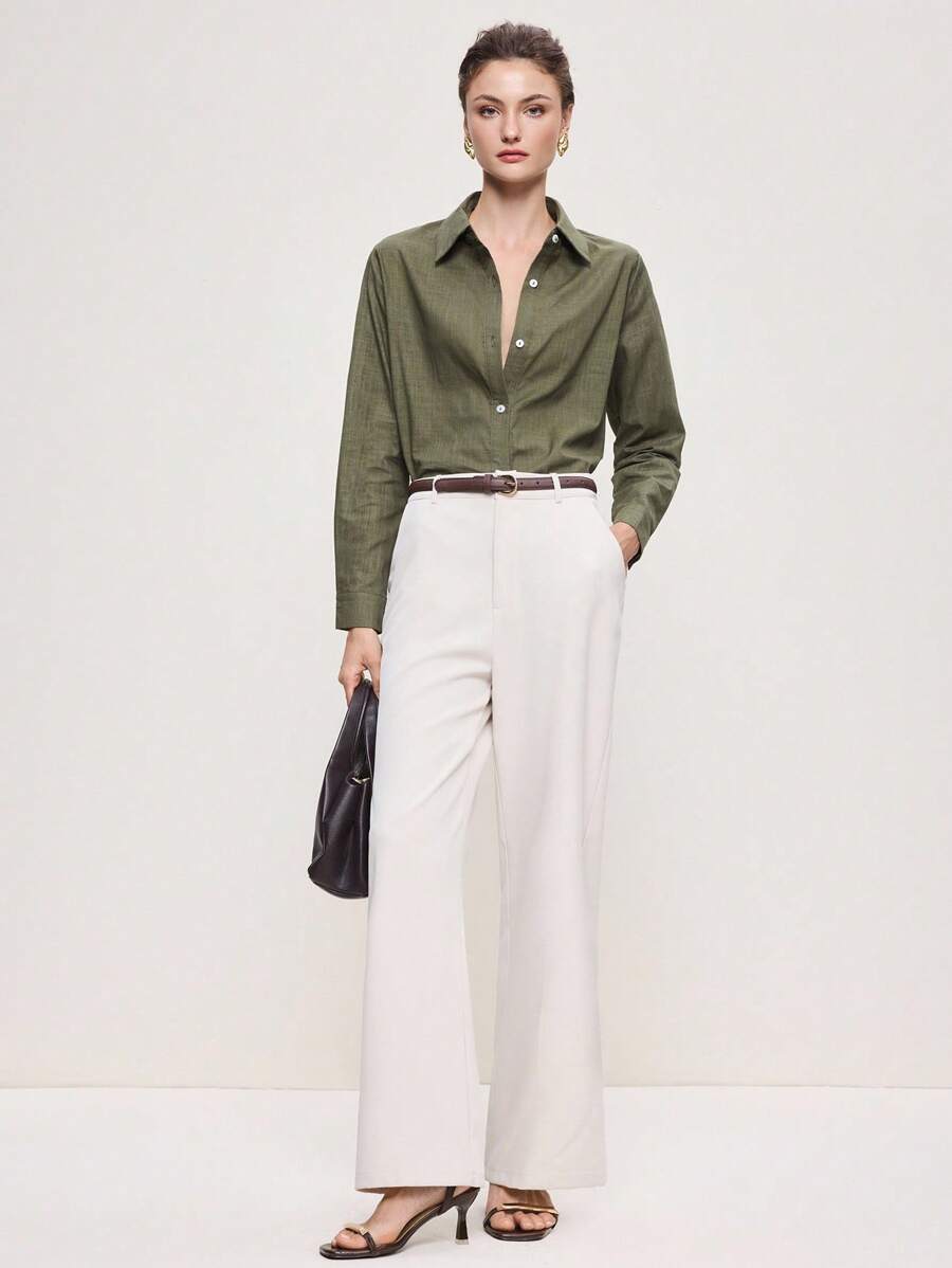 Arabella Classic Collared Button Down Long Sleeve Cotton Shirt - Army Green
