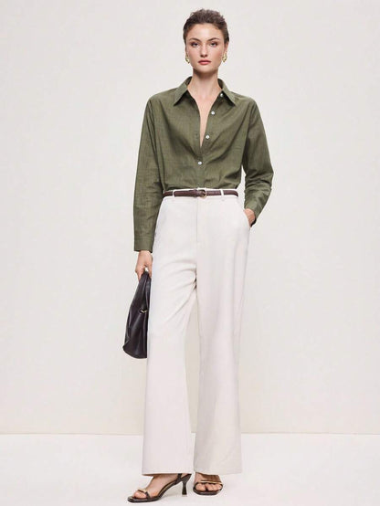 Arabella Classic Collared Button Down Long Sleeve Cotton Shirt - Army Green