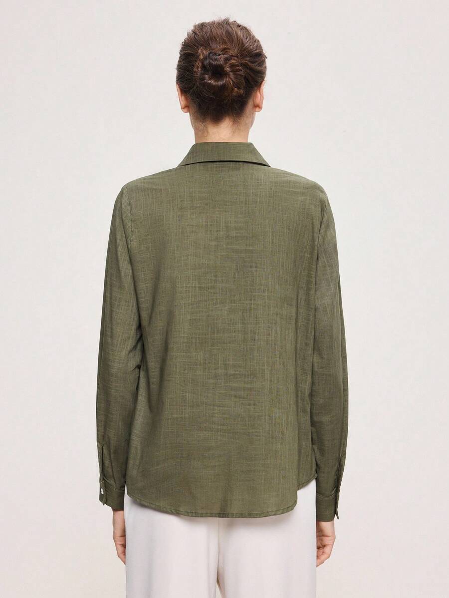 Arabella Classic Collared Button Down Long Sleeve Cotton Shirt - Army Green