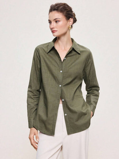 Arabella Classic Collared Button Down Long Sleeve Cotton Shirt - Army Green