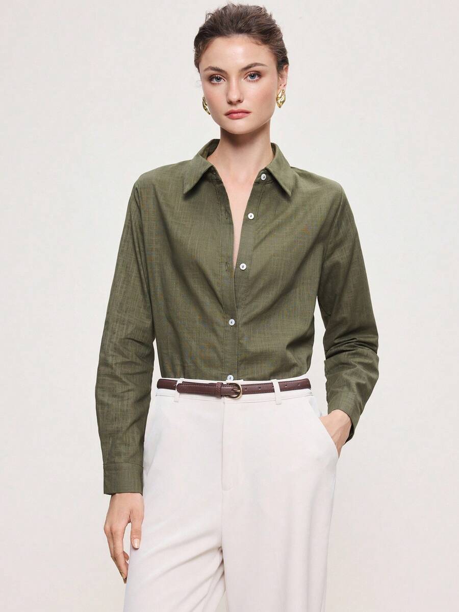 Arabella Classic Collared Button Down Long Sleeve Cotton Shirt - Army Green