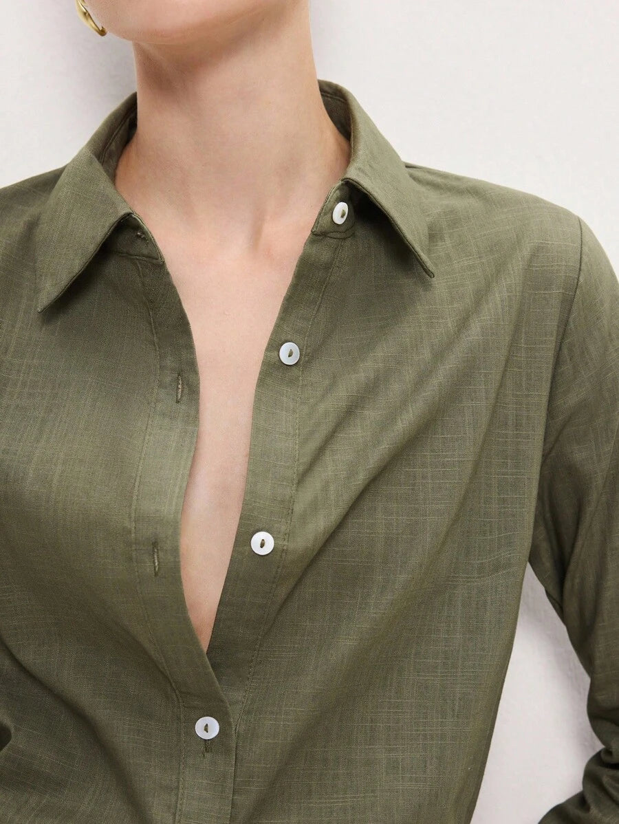 Arabella Classic Collared Button Down Long Sleeve Cotton Shirt - Army Green