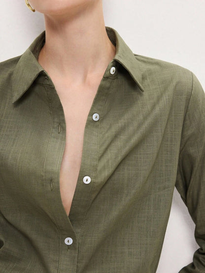 Arabella Classic Collared Button Down Long Sleeve Cotton Shirt - Army Green