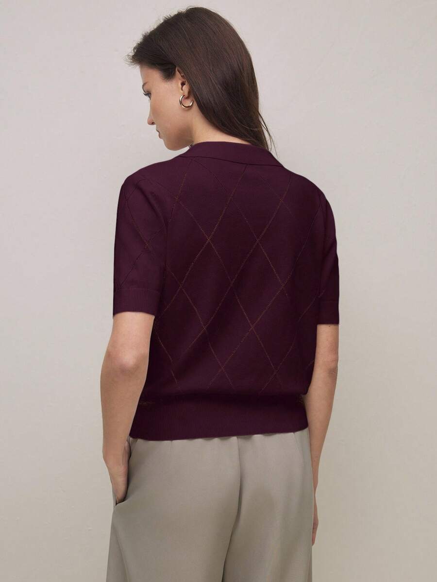 Tessa Avocado Green Polo Collar Diamond Knit Short Sleeve Sweater - Purple
