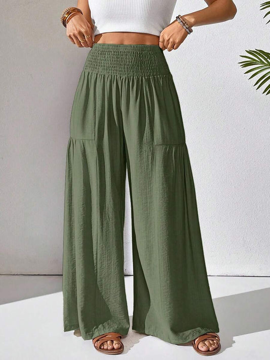 Solene Shirred High Waist Flowy Wide Leg Pants - Olive Green
