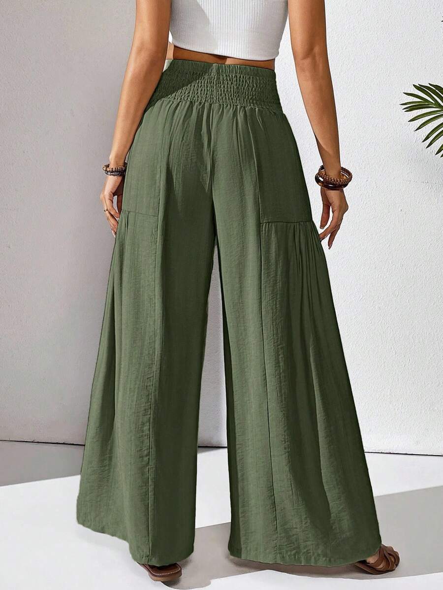 Solene Shirred High Waist Flowy Wide Leg Pants - Olive Green
