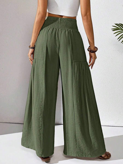 Solene Shirred High Waist Flowy Wide Leg Pants - Olive Green