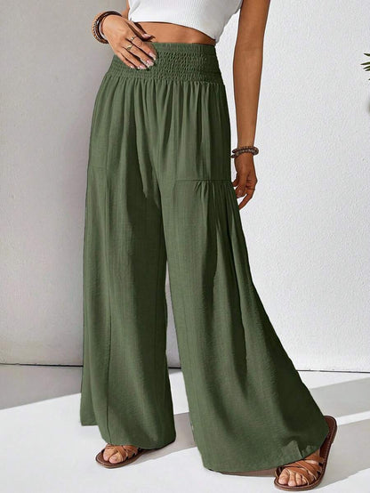 Solene Shirred High Waist Flowy Wide Leg Pants - Olive Green