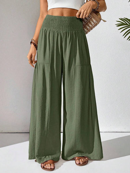 Solene Shirred High Waist Flowy Wide Leg Pants - Olive Green