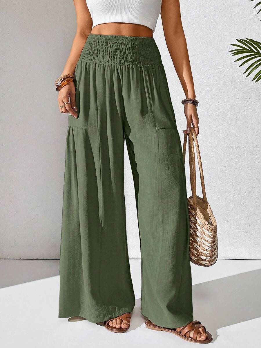 Solene Shirred High Waist Flowy Wide Leg Pants - Olive Green