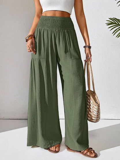 Solene Shirred High Waist Flowy Wide Leg Pants - Olive Green