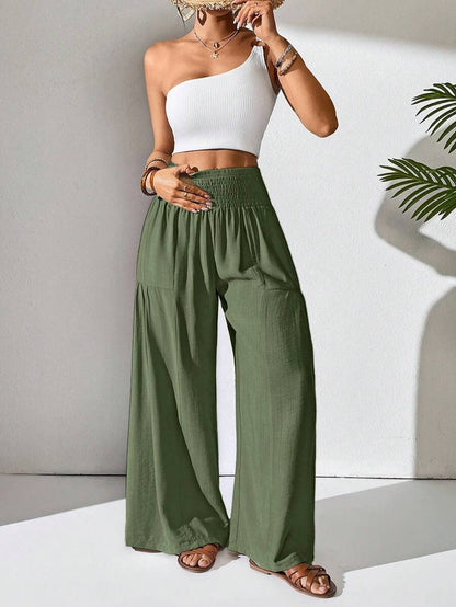 Solene Shirred High Waist Flowy Wide Leg Pants - Olive Green