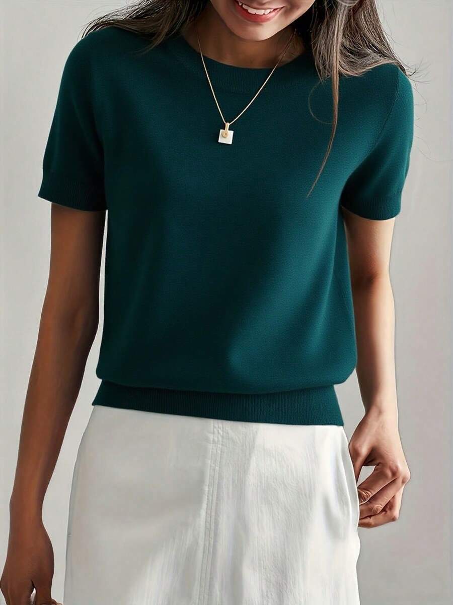 Women's Fine Rib Knit Short Sleeve Top, Fitted Stretch Tee for Layering and Work - Peacock Blue