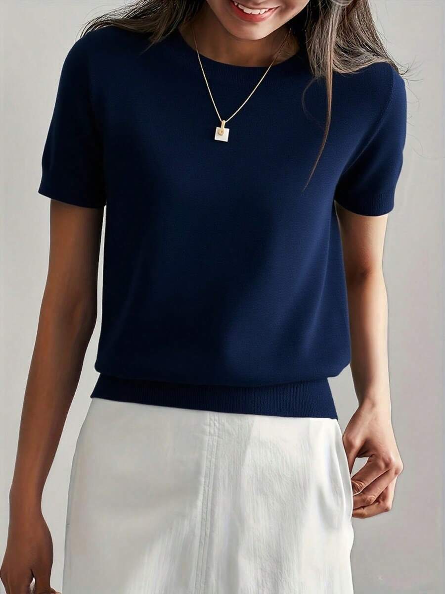 Women's Fine Rib Knit Short Sleeve Top, Fitted Stretch Tee for Layering and Work - Burgundy