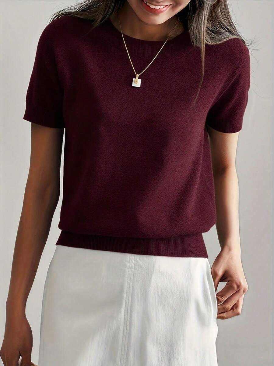 Women's Fine Rib Knit Short Sleeve Top, Fitted Stretch Tee for Layering and Work - Navy Blue
