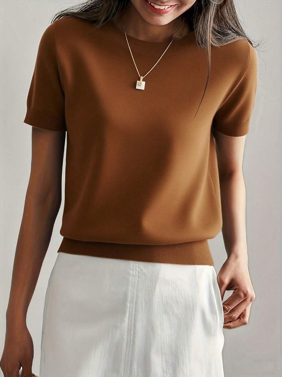 Women's Fine Rib Knit Short Sleeve Top, Fitted Stretch Tee for Layering and Work - Olive Green