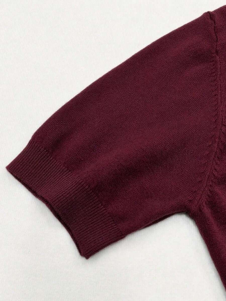 Women's Fine Rib Knit Short Sleeve Top, Fitted Stretch Tee for Layering and Work - Burgundy