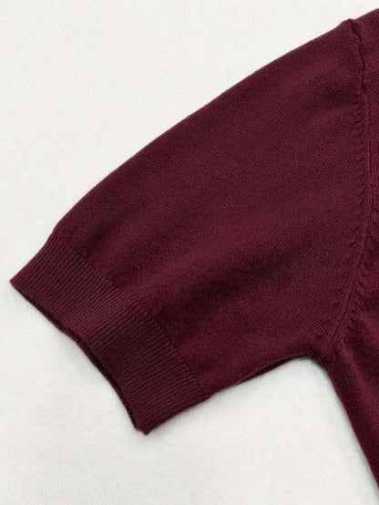 Women's Fine Rib Knit Short Sleeve Top, Fitted Stretch Tee for Layering and Work - Burgundy