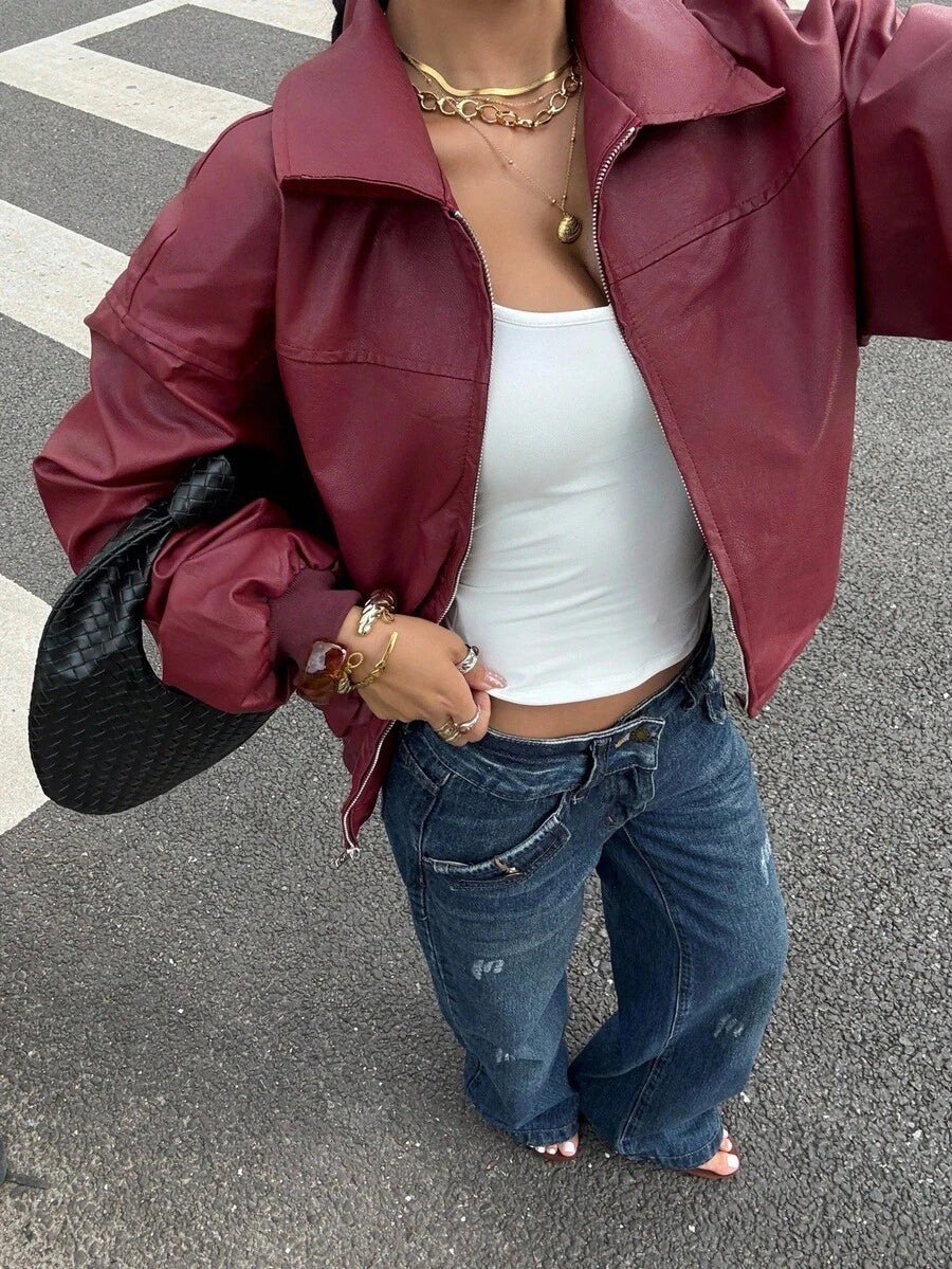 Elise Zip Up Drop Shoulder PU Jacket - Chocolate Brown