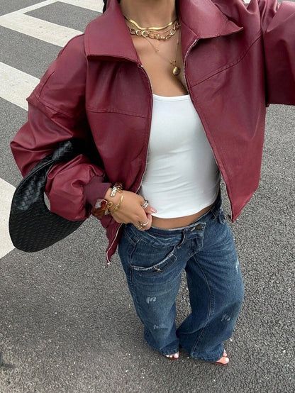 Elise Zip Up Drop Shoulder PU Jacket - Chocolate Brown