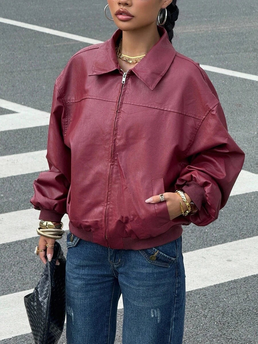 Elise Zip Up Drop Shoulder PU Jacket - Burgundy