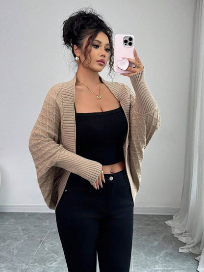 Margaux Diamond Knit Open Front Batwing Sleeve Shrug Cardigan - Beige