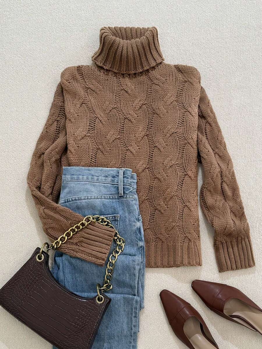 Harriet Cable Knit Turtleneck Relaxed Pullover Sweater - Brown