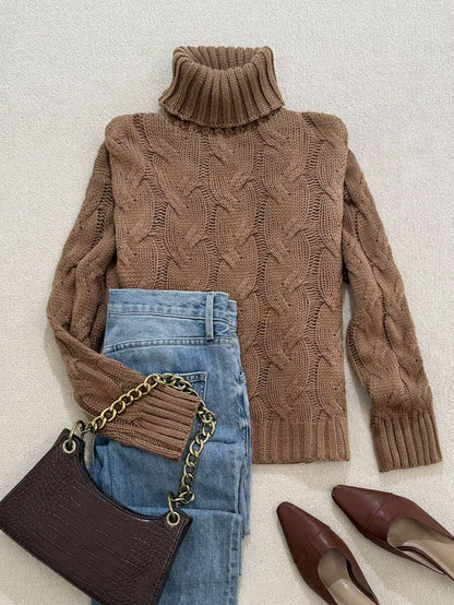 Harriet Cable Knit Turtleneck Relaxed Pullover Sweater - Brown