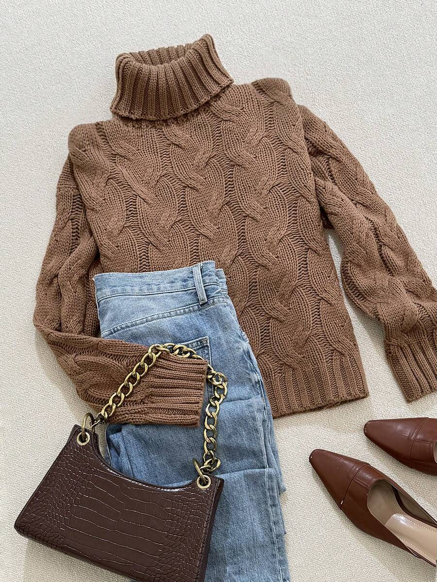 Harriet Cable Knit Turtleneck Relaxed Pullover Sweater - Brown