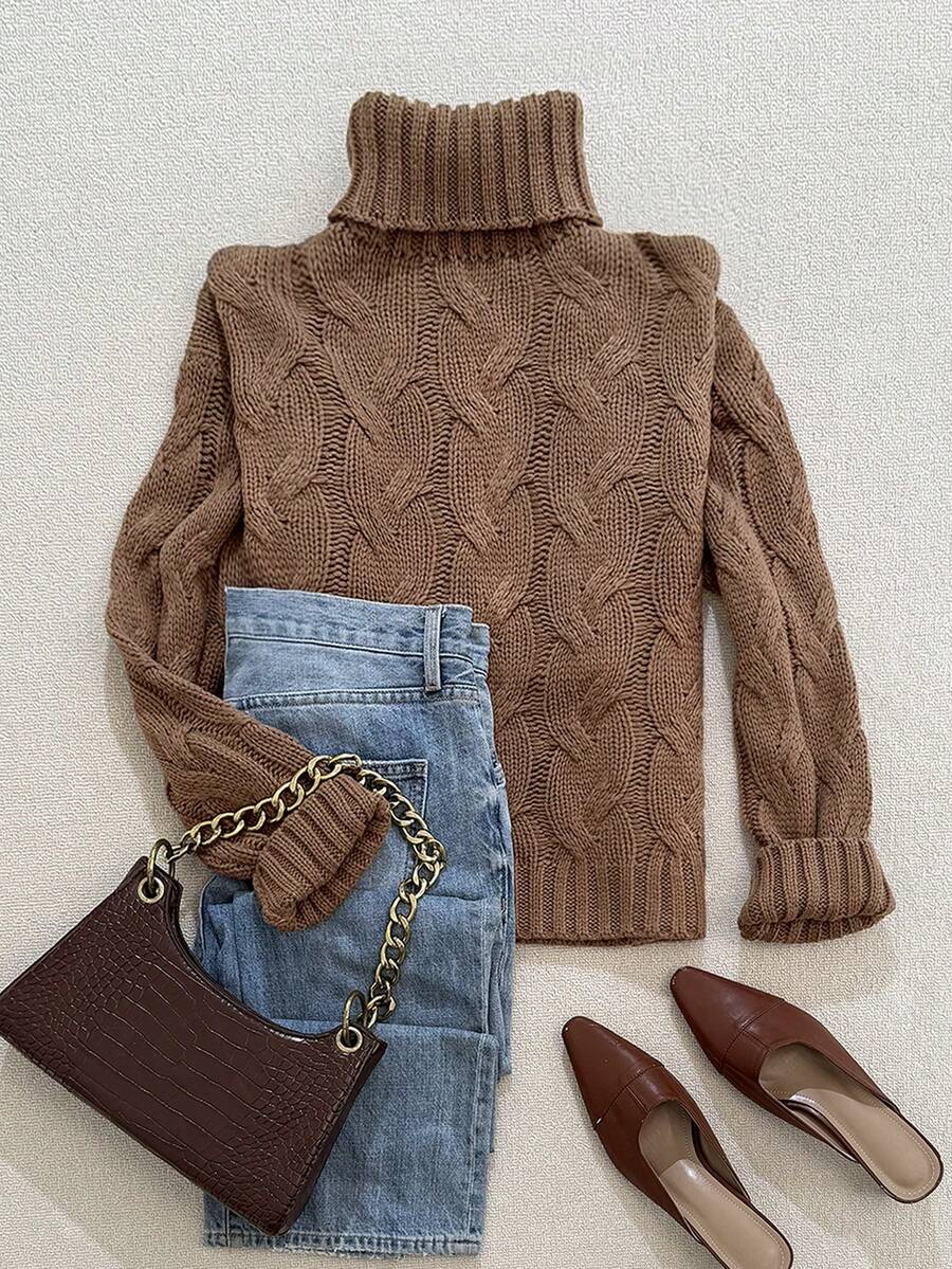 Harriet Cable Knit Turtleneck Relaxed Pullover Sweater - Brown