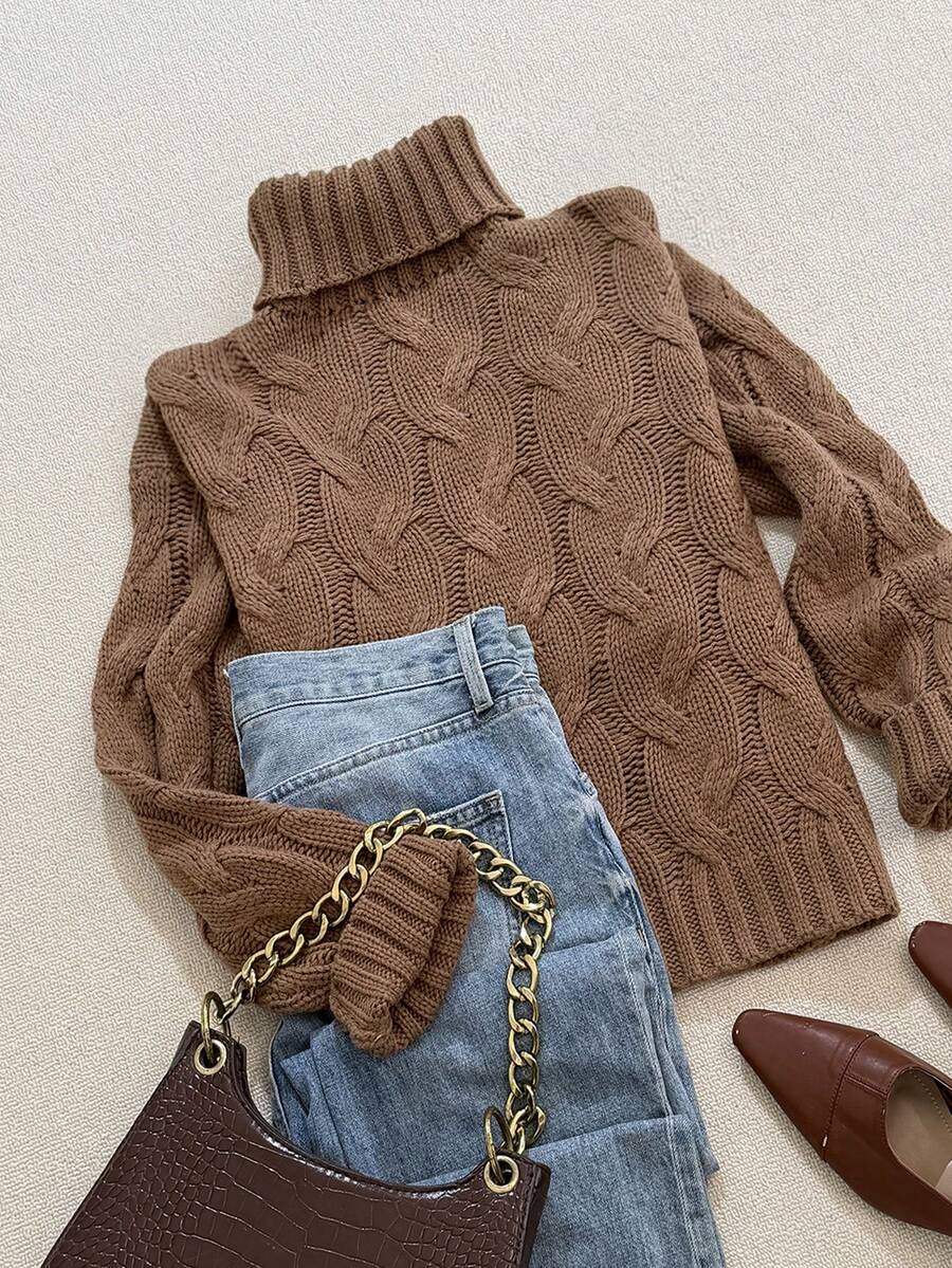 Harriet Cable Knit Turtleneck Relaxed Pullover Sweater - Brown