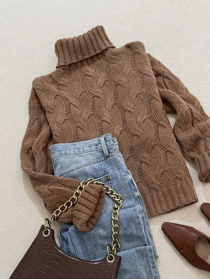 Harriet Cable Knit Turtleneck Relaxed Pullover Sweater - Brown