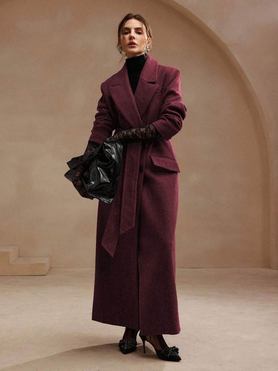 Valeska Belted Double-Breasted Lapel Long Coat with Pockets - Brown
