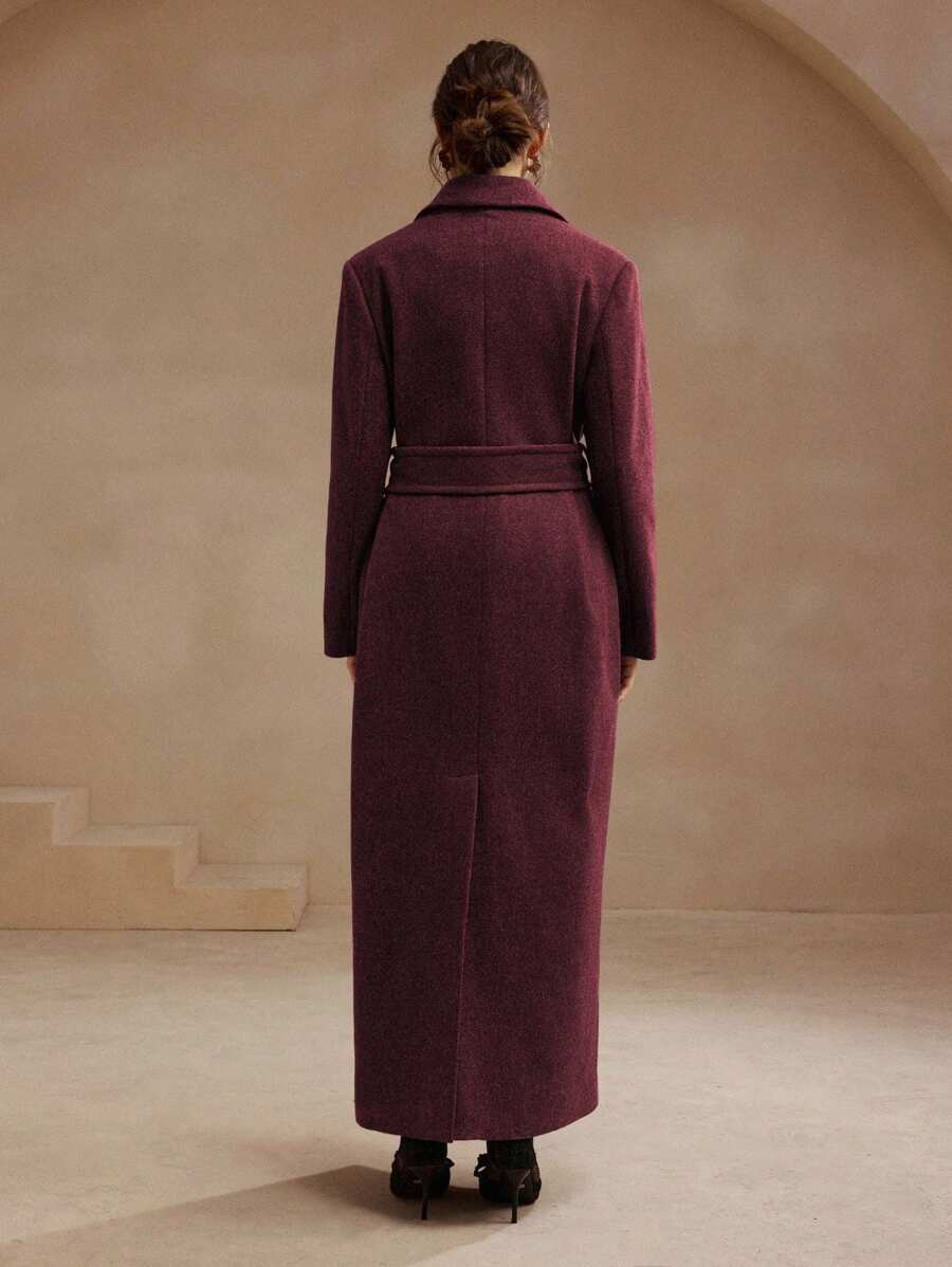 Valeska Belted Double-Breasted Lapel Long Coat with Pockets - Burgundy