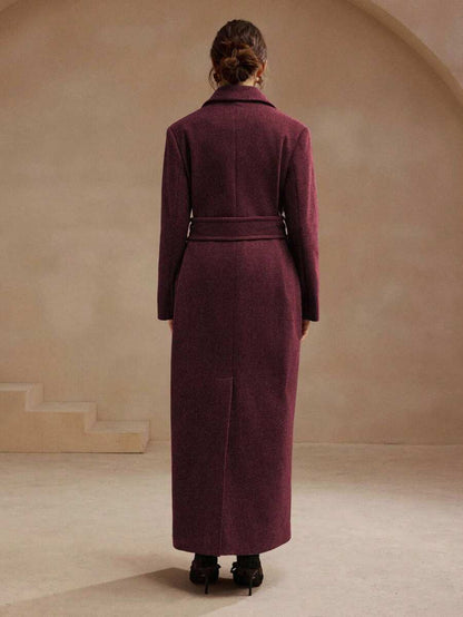 Valeska Belted Double-Breasted Lapel Long Coat with Pockets - Burgundy