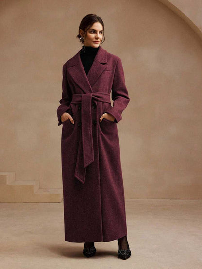 Valeska Belted Double-Breasted Lapel Long Coat with Pockets - Dark Grey