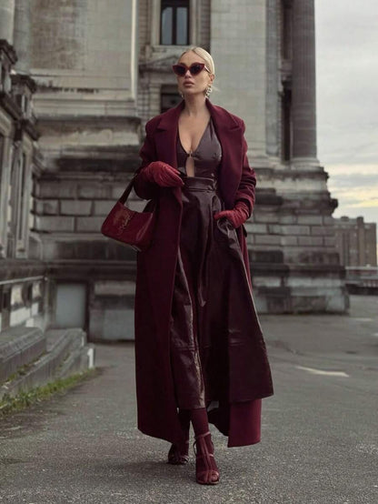 Heidelberg Belted Double Breasted Long Wrap Coat with Pockets - Burgundy