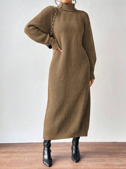 Anya High Neck Raglan Sleeve Sweater Dress - Camel