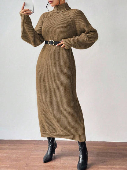 Anya High Neck Raglan Sleeve Sweater Dress - Red Violet