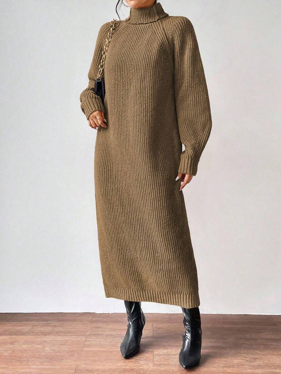 Anya High Neck Raglan Sleeve Sweater Dress - Army Green