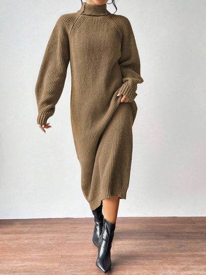 Anya High Neck Raglan Sleeve Sweater Dress - Beige